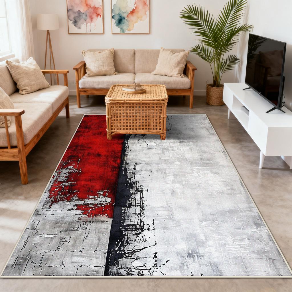Moderne Abstraktion Roter Plüsch Wohnzimmerteppich Dekoration Schlafzimmer Nachttisch Rutschfester Teppich Große Fläche Einfache Reinigung Weiche Bodenmatten