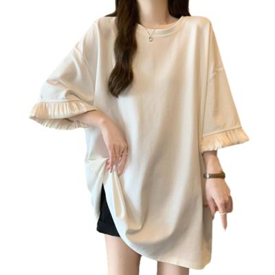 [RoyzTocz] Women's T-Shirt, Cut and Sewn, Crew Neck, Short Sleeve, Frilled, Soft, Casual Fashion, One Size