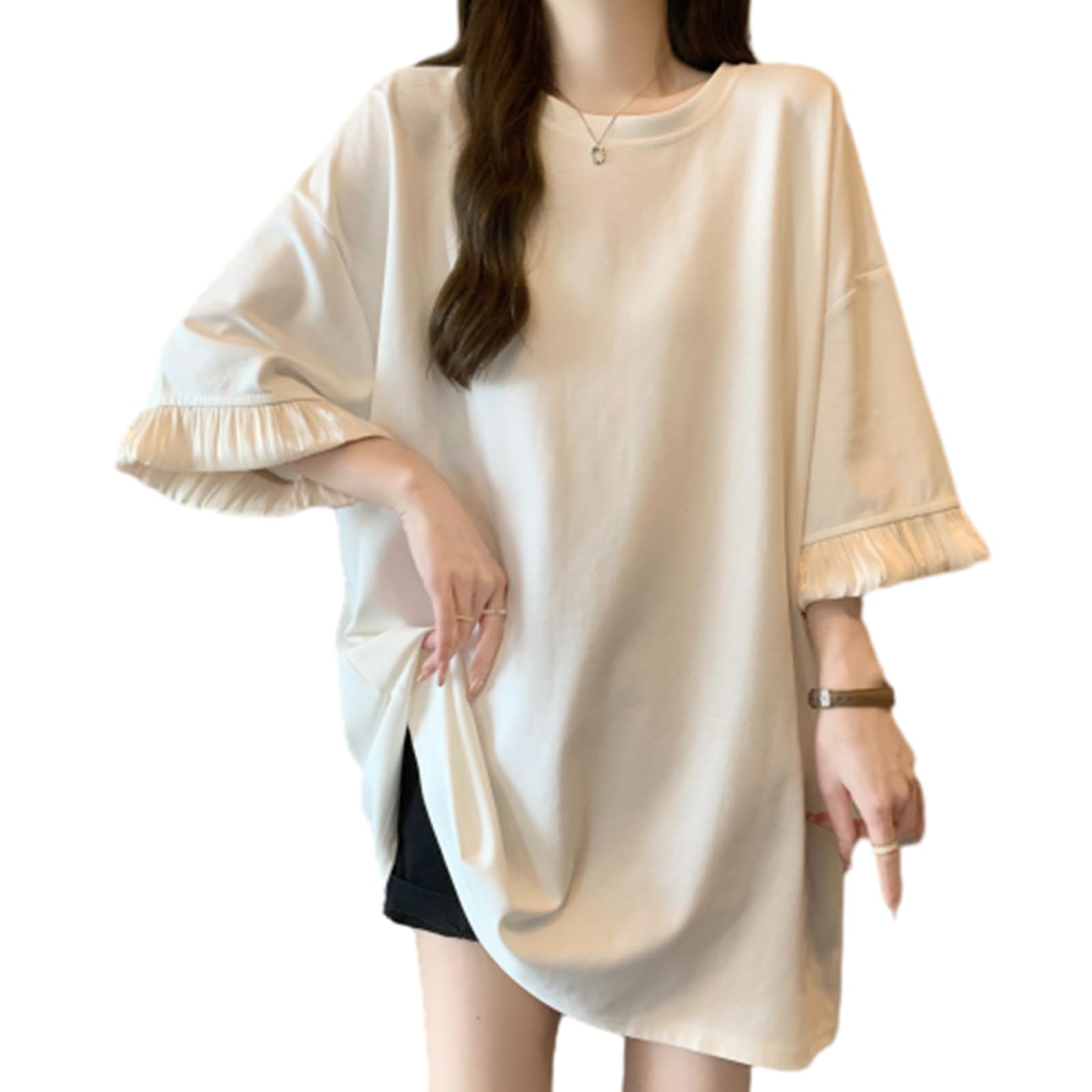 

[RoyzTocz] Женская футболка, Крой и шитье, Круглый вырез, Короткий рукав, С оборками, Мягкая, Повседневная мода, Один размер белый