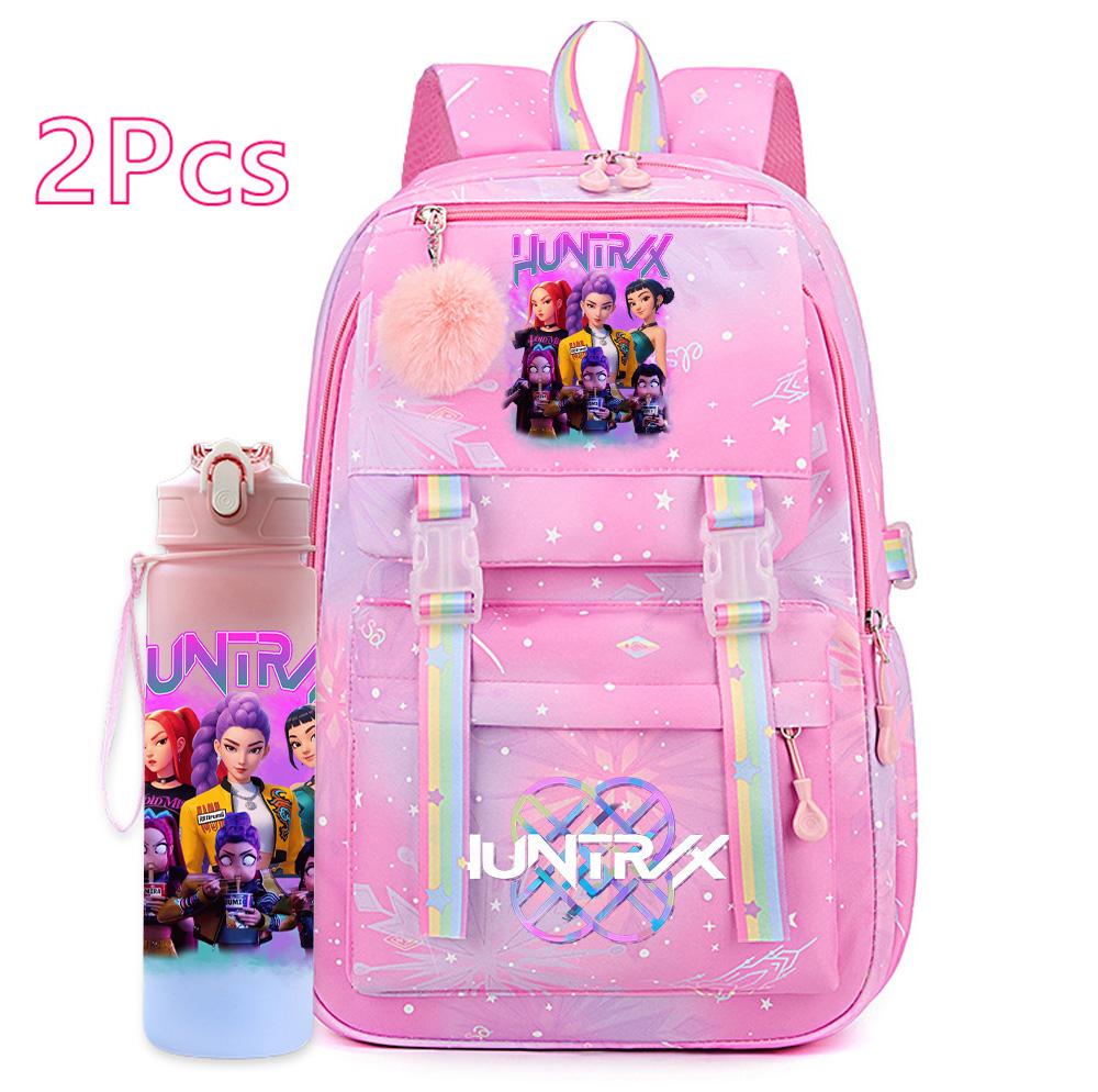 2Pcs/set Cute K-Pop Demon Hunters Printed Backpack with 750Ml Water Bottler for Teenager Student Girl Boy Large Capacity Waterproof Bookbag Travel Bag