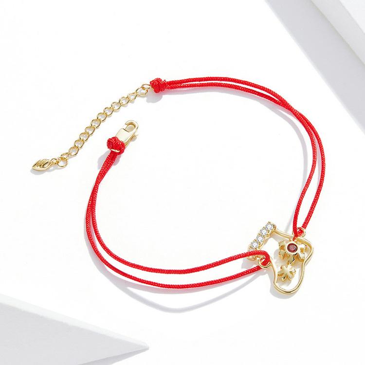 Everle Christmas Stocking Bracelet: Hand Rope Sterling Silver S925 with Gold Plated Zircon, Red Hollow Stocking Design