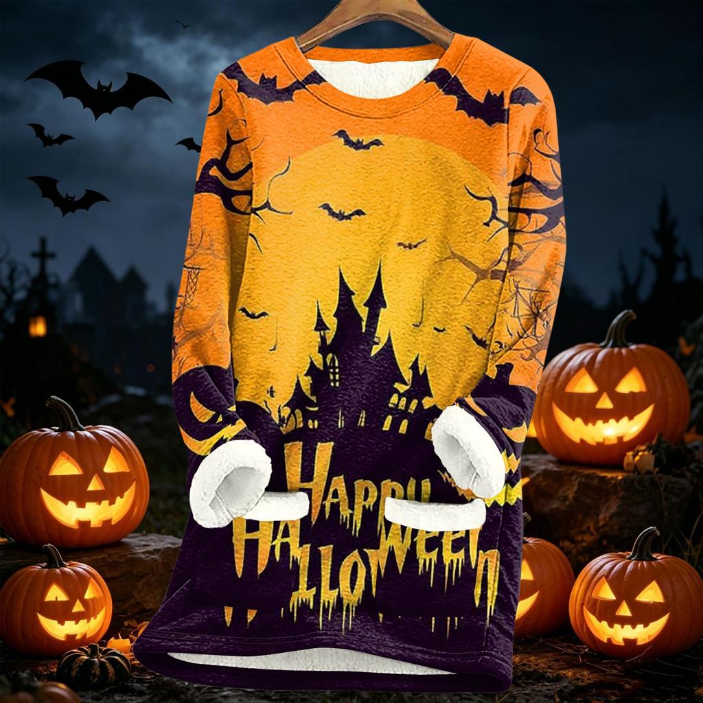 Long Sleeve Fleece Lined Pullover Sweatshirt with Halloween Print Thickened Sherpa Lining Warm Casual Loose Fit Top for Women Autumn Winter