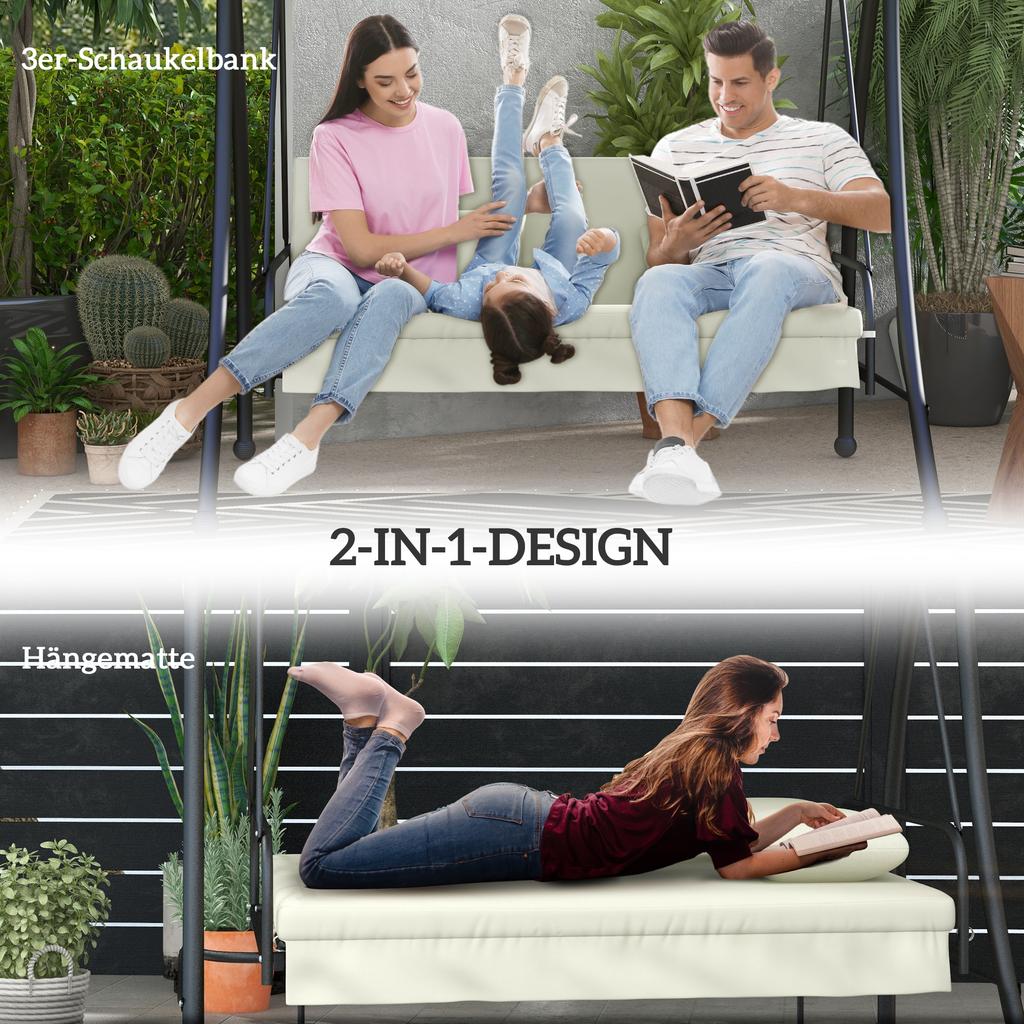 3 Seater Garden Swing Chair with Tilting Canopy - Cream White