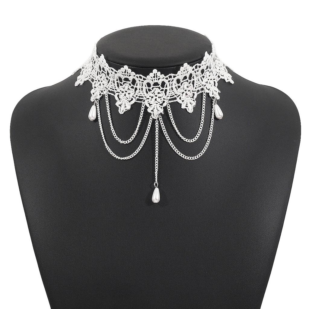 Vintage Lace Pearl Pendant Necklace, Court Style Fringed Chain Chokr Neck Chain