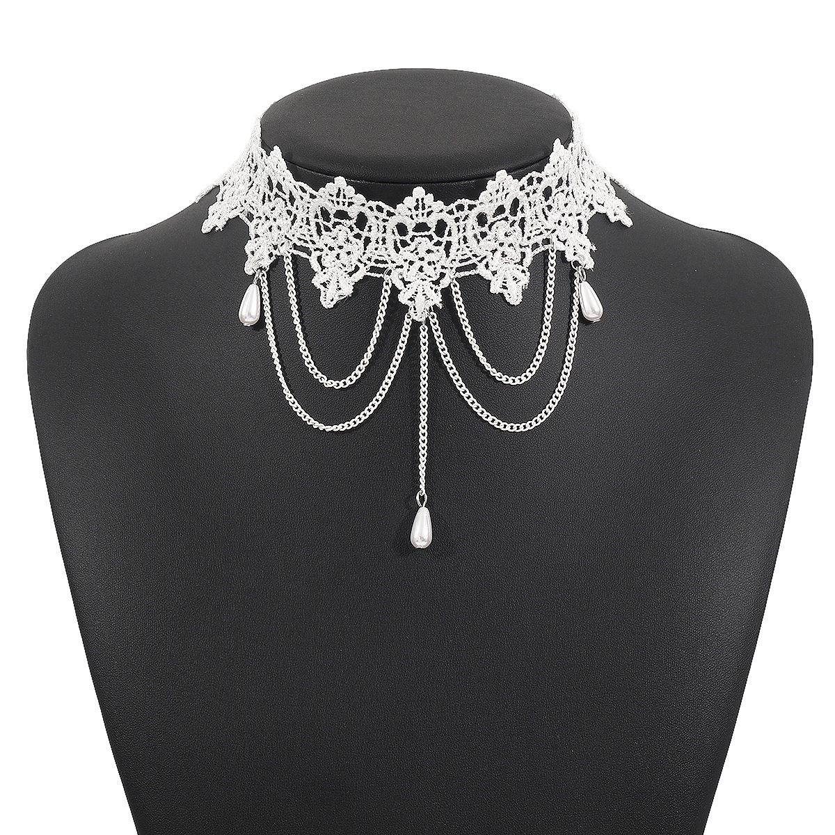 

Vintage lace pearl pendant necklace, court style fringed chain chokr neck chain белый