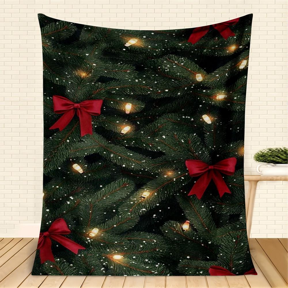 Christmas Tree Lights & Red Bow Fleece Blanket, Festive Snowy Pine Throw Blanket Cozy for Holiday Home Decor & Gift  Portable
