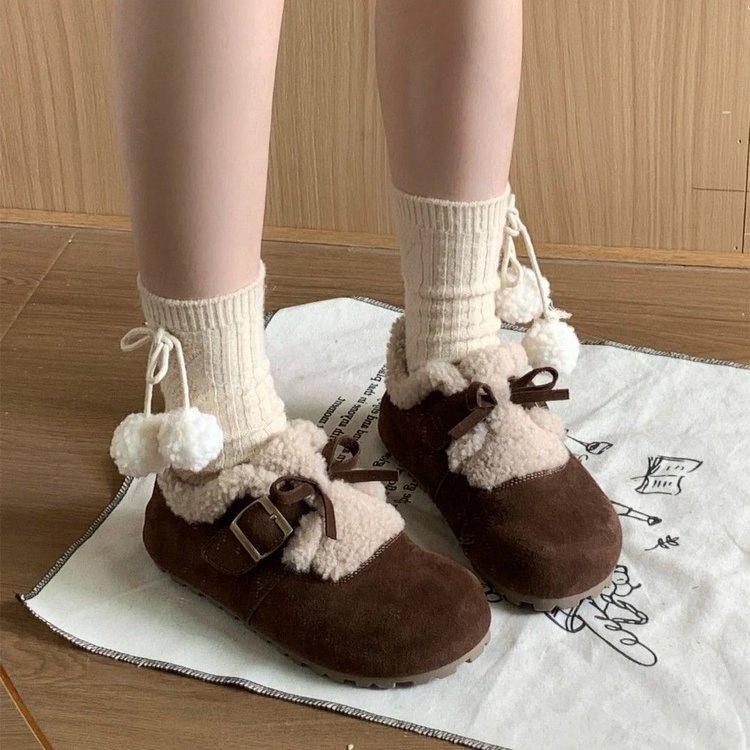 

Snow cotton shoes winter retro platform Birkenstocks velvet warm cotton shoes wear fluff outside 35 темно-коричневого