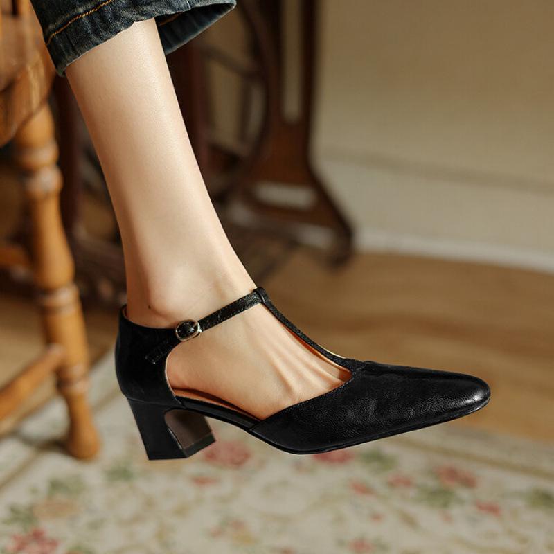 Summer Women's Leather Sandals Medium Heel Large Size Bag Heel Solid Color Soft New Hollow Sandals Beef Tendon Soft Sole Non-slip