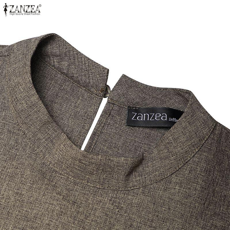 ZANZEA Vestido Casual de Manga Larga de Color Sólido con Cuello Alto para Mujer