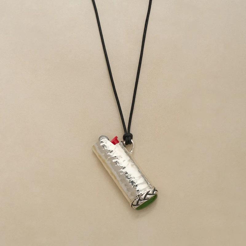 Tide Exaggerated Heavy Industry Old Pleated Lighter Shape Inlaid Emerald Pendant Long Chain Niche Woven Rope Necklace