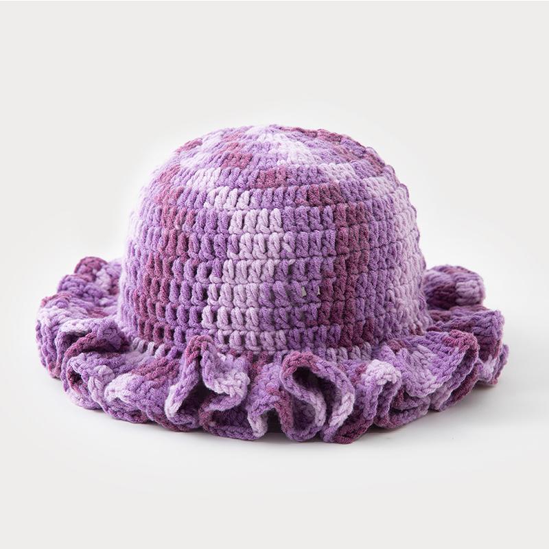New Colorful Crochet Ruffle Brim Knit Bucket Hats Winter Woman Handmade Stretch Fisherman Cap Outdoor Warm Windproof Beanie Hat