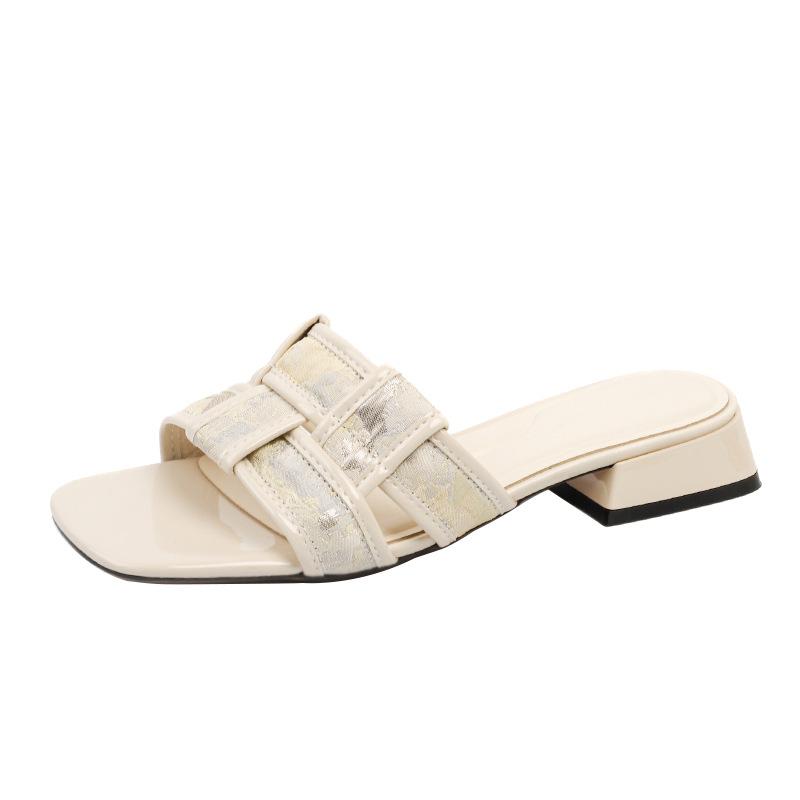 Vintage art woven flat slippers women's outer thick heel low heel beach shoes square head sandals