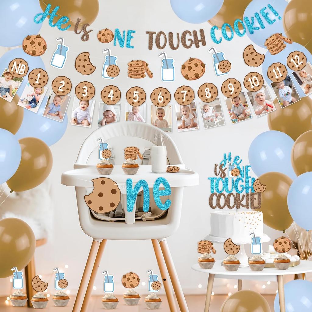 Milk and Cookies Boys First Birthday Party Decor, He Is One Tough Cookies Monthly Milestones Photo Banner Cake Cupcake Topper Balloons for Milk and