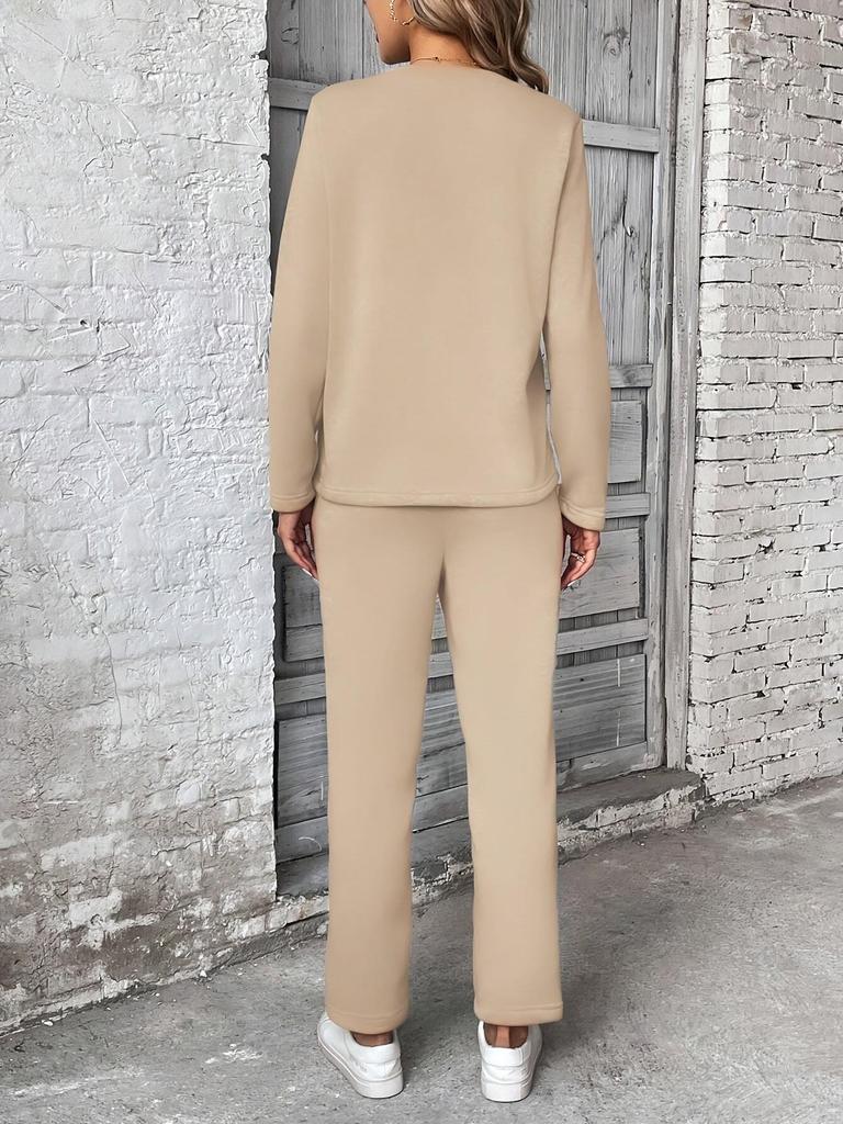 2025 Women's Autumn/Winter European & American Fashion Fleece Sweatshirt and Straight-Leg Pocket Pants Set