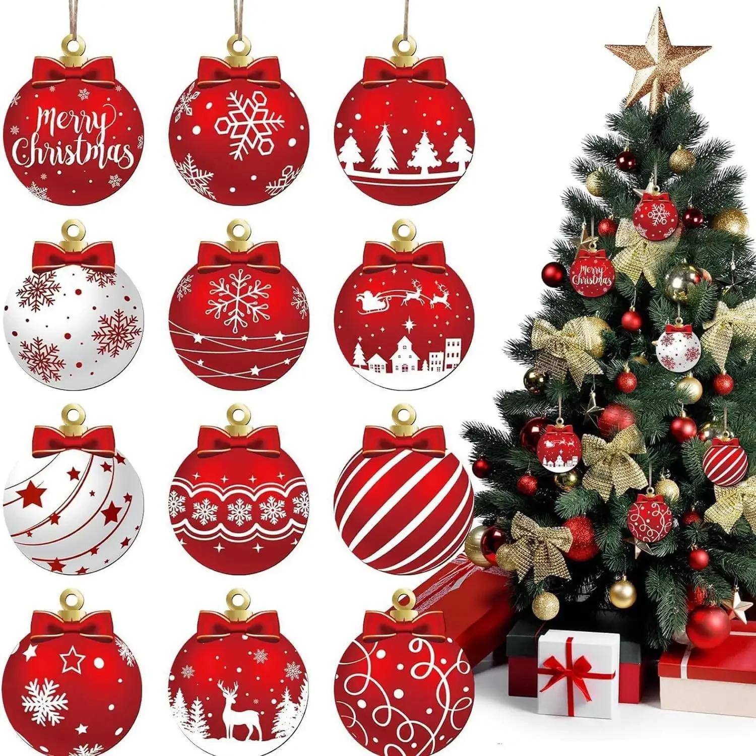 

Classic Red And White Wooden Christmas Ornaments Set Twelve Piece Collection With Elk And Snowflake Designs For Tree Decor 12pcs