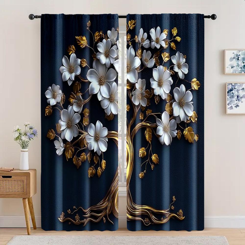 

2 шт., Элегантный гобелен «Древо жизни» 3D синего и золотого цвета, полиэстеровый настенный декор для гостиной, спальни и дома Легкий 29x65in(75x166cm)