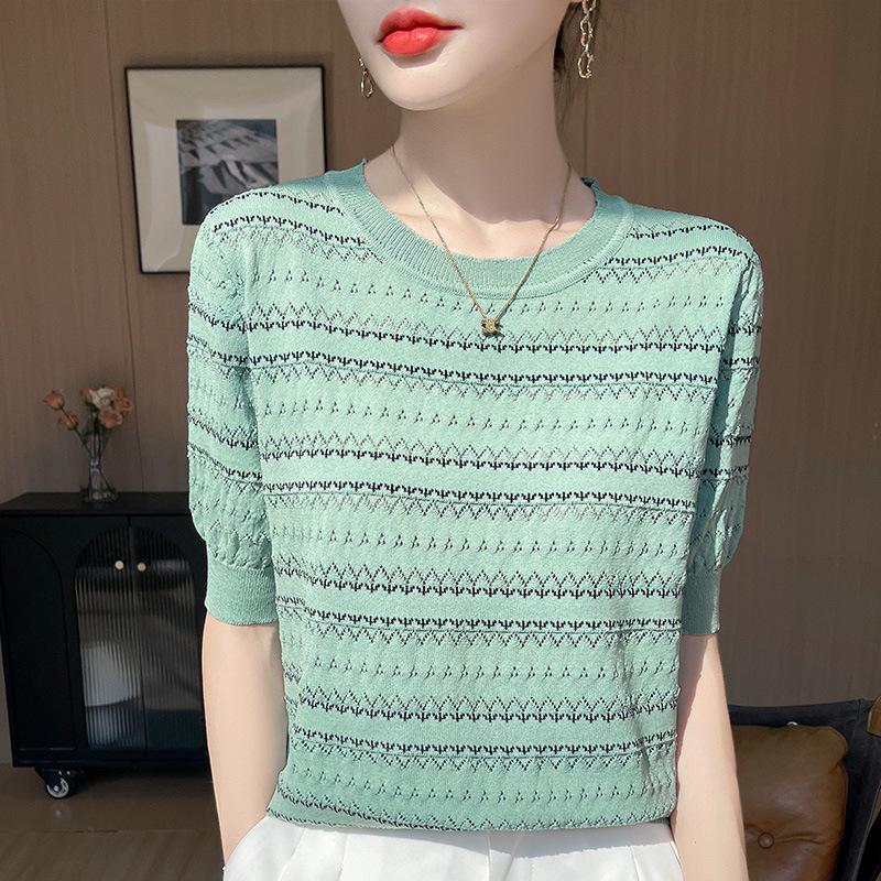 Damen Eisseide Colorblock Strick-T-Shirt - Kurzarm, Rundhalsausschnitt, Sommermode