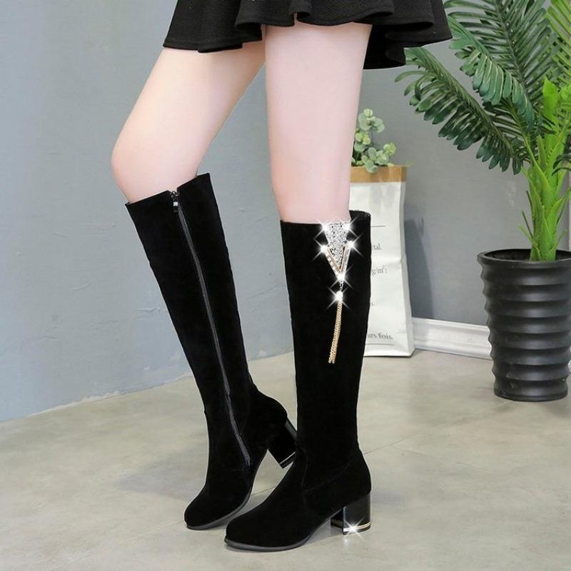 Botas altas de ante con tacón grueso y cremallera lateral para mujer, estilo nuevo de otoño e invierno, cálidas, de tubo alto y pierna fina