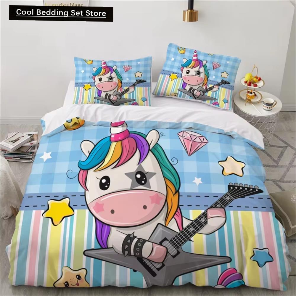 Kinderbettwäsche-Sets, Geschenke, Bettbezug-Sets mit Einhorn- und buntem Pferdedruck für Kinder, Mädchen und Jungen, 2/3-teilig, einzelne rosa Steppdecken