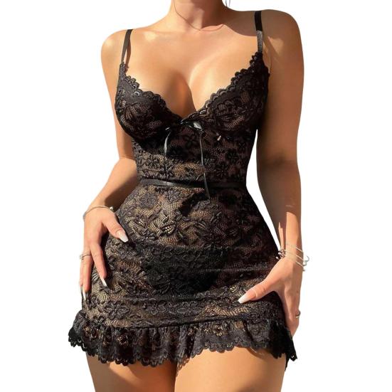 Women Nightdress V Neck Hollow Out Floral Embroidery Backless Sleeveless Slim Fit Nightwear Ruffle
