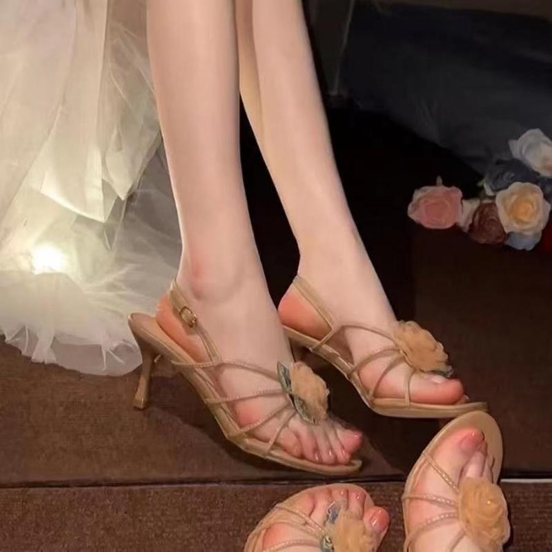Fairy Shoes Large Size 42 Female High-heeled Sandals Female Summer Temperament Elegant Flower Thin Heel One-word Buckle Belt Summer Skirt