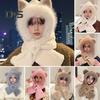 Women Winter Integrated Hat And Scarf Thick Fleece Warm Cartoon Fox Ear Decor Windproof Full Protection Outdoor Travel Cold Weather Snowboarding