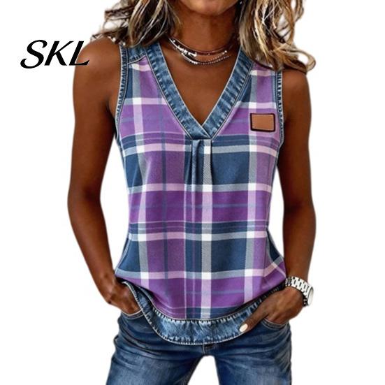 Soft Fabric Vest Summer for Women, V-Neck Sleeveless Tank Tops, Plaid Print Loose Fit Shoulder Strap Reinforced Casual Camisole with Collar Hem, Slim