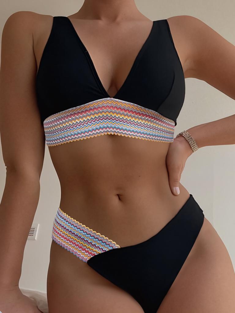 Wave Webbing Patch Low Waist Sexy Two Piece Bikini Set Elegant