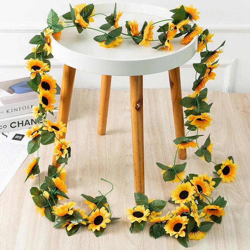 2.5M Yellow Sunflower Vine Hanging Artificial Flowers Garland Leaves Fake Silk Flowers For Party Wedding Home Decoration