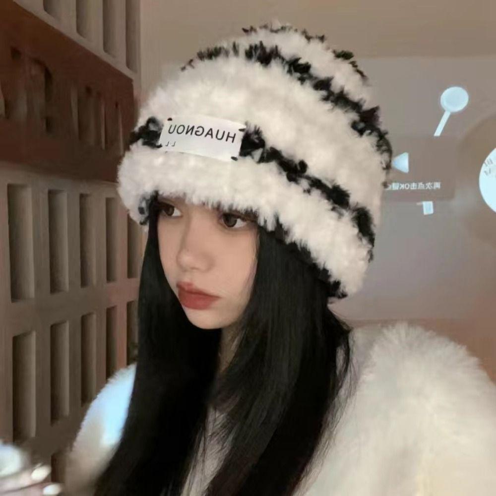 

Thickened Plush Pullover Hat Plush Winter Cap Fashion Stripe Hat Female/Girls Style C