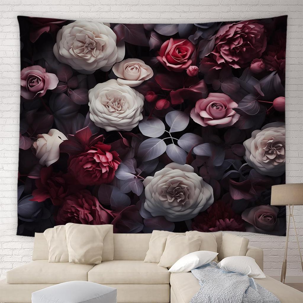 Black Floral Tapestry Retro Flower Bloosom Rustic Rose Watercolor Peony Vintage Boho Gothic Spring Plant Leaves Home Decor Wall