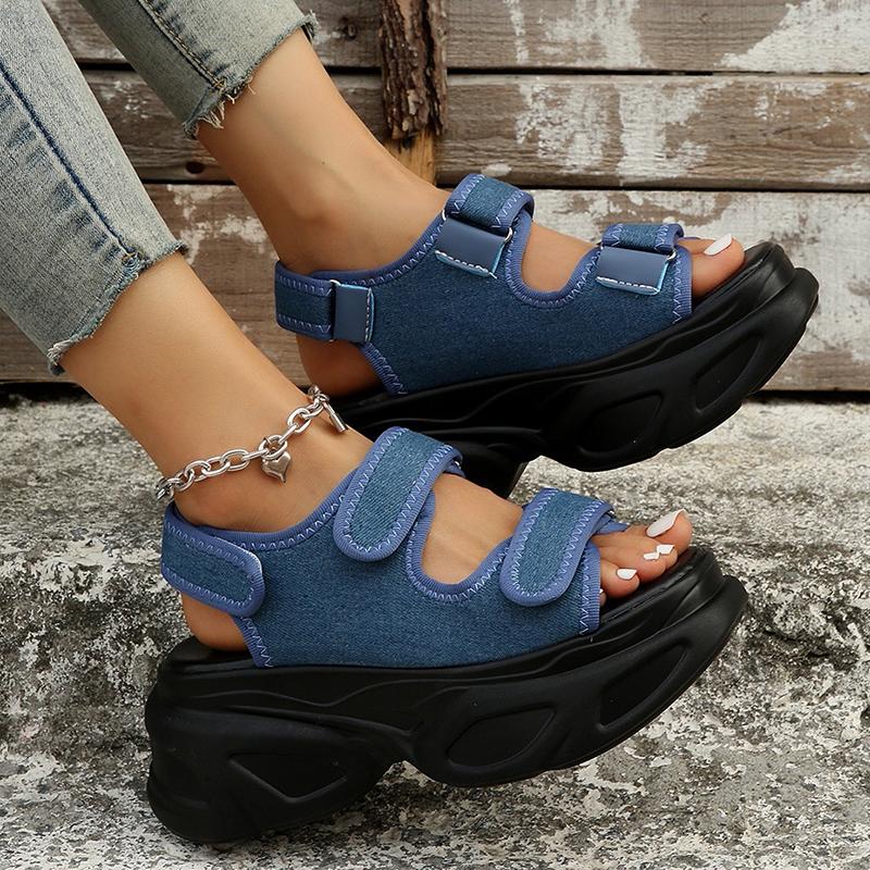 Sandalias de plataforma gruesas de mezclilla azul de moda para mujer, sandalias de cuña de talla grande para verano 2024, sandalias de mujer con gancho gótico y parte inferior gruesa, sandalias para mujer