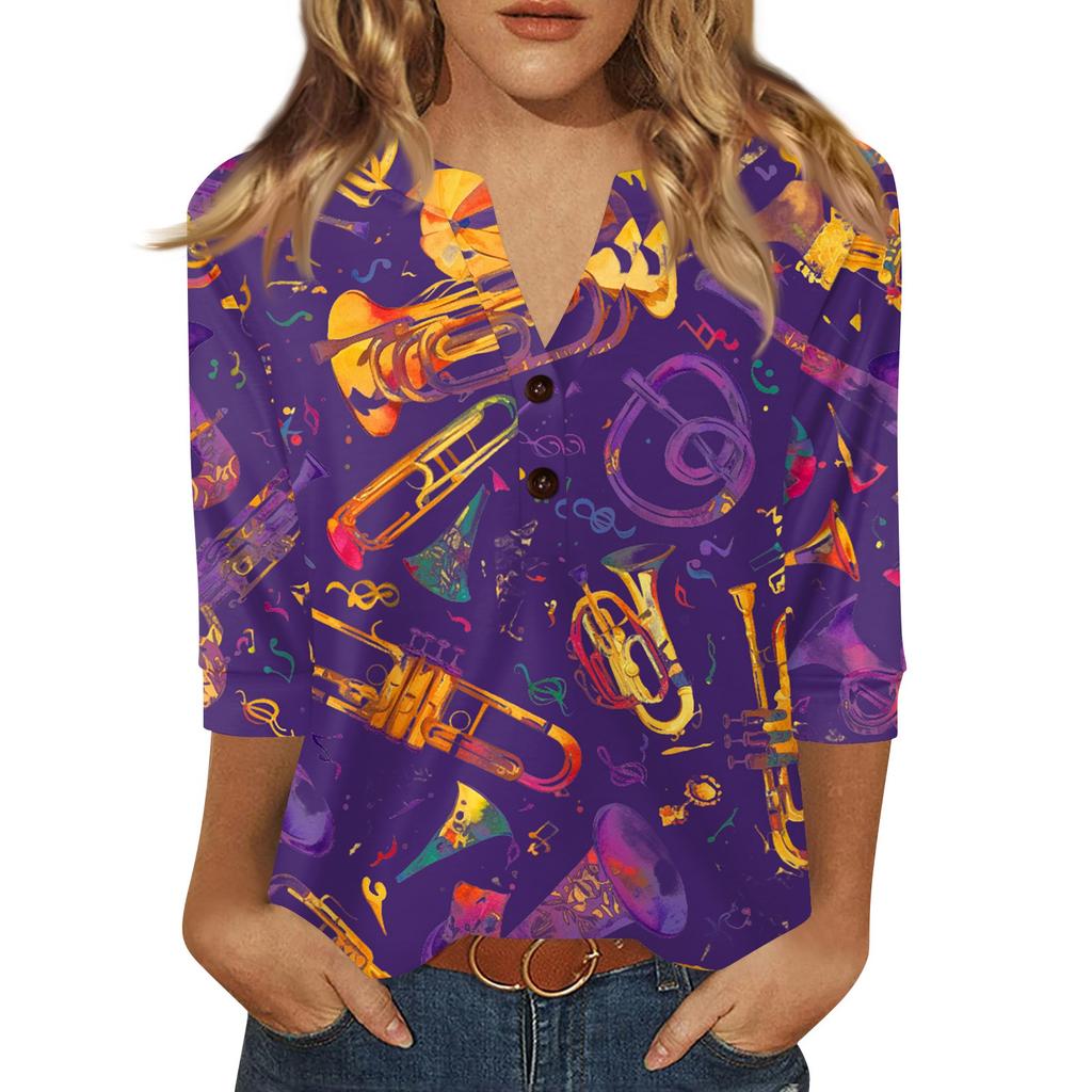 Women's Carnival Printed Fashionable Casual V-neck Button Seven Inch Sleeve T-shirt Top