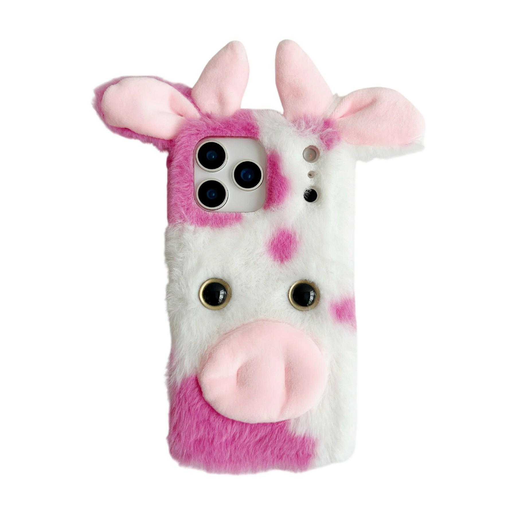 

For iPhone 17 Pro Case Fluffy Cute Cow Winter Plush Inner TPU Phone Cover Pink