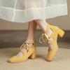 Chaussures à Talon Haut Rétro à Bride Simple pour Femmes Printemps et Automne Bout Carré à Lacets Talon Bloc Pas Fatigantes Chaussures Grande Taille