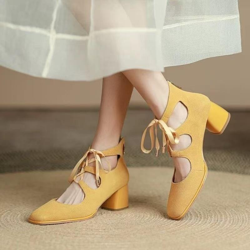 

Retro High Heeled Single Shoes Women Spring and Autumn Square Toe Lace-up Block Heel No Tired Feet Plus Size Shoes 35