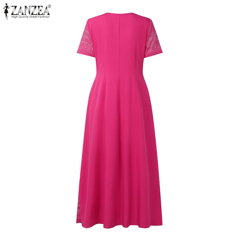 ZANZEA Women Casual V-Neck Summer Short Sleeve Lace Patchwork Dress