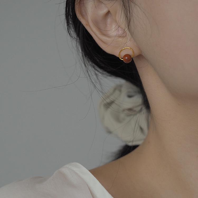 Guochao Retro Elegant Circle Stud Earrings, Gold-Plated S925 Sterling Silver, Women's Red Bean Jewelry