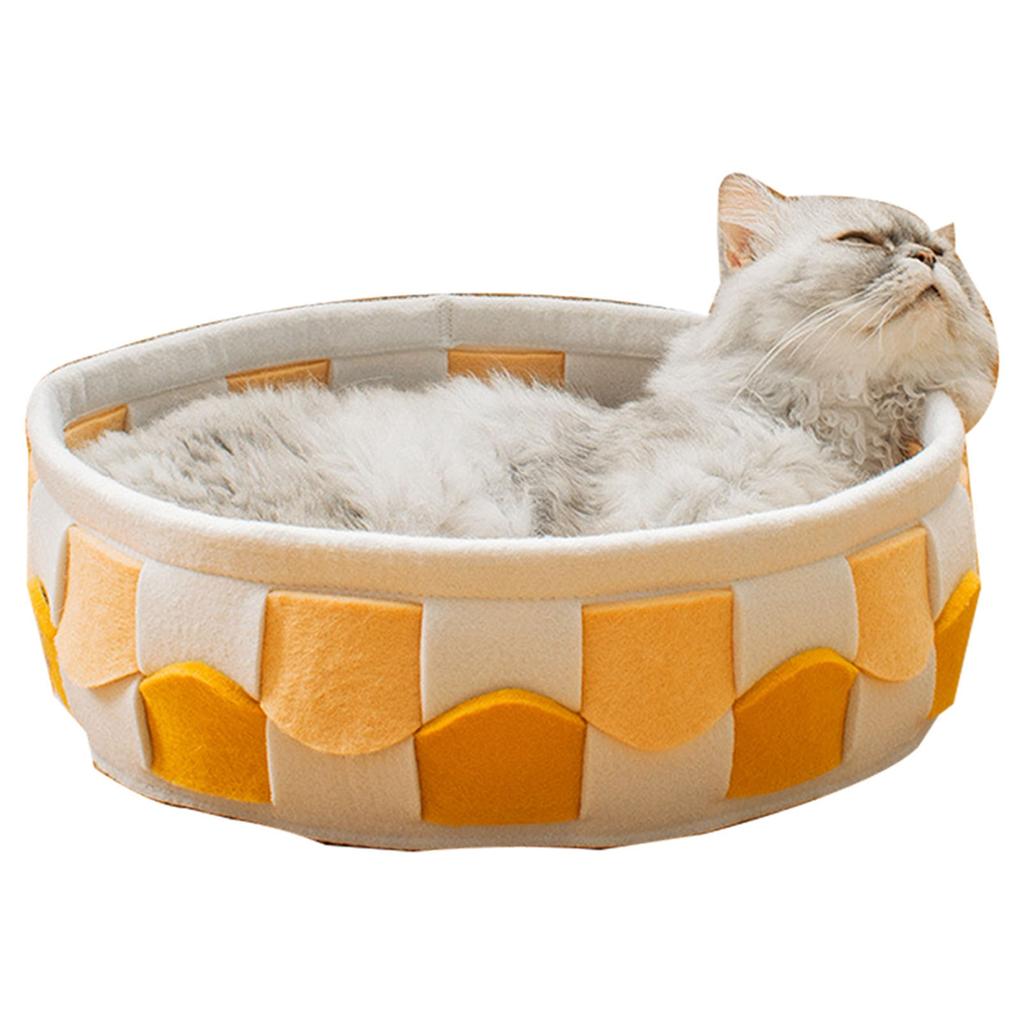 Round Cat Bed Soft Wave Line Braid Double Sided Universal Large Small Dog Bed for Winter Summer Yellow