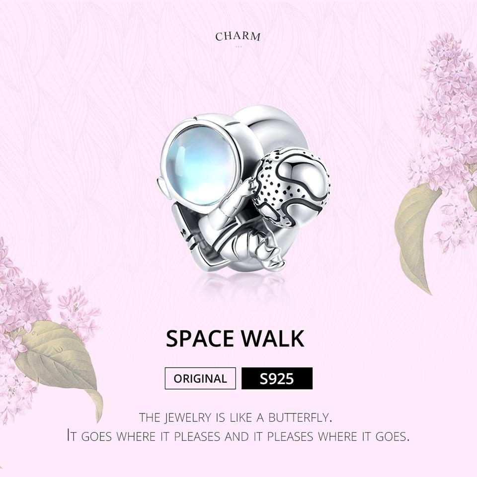 BAMOER 925 Sterling Silver Moonstone Charm, Weightless astronauts Space Walk Charm Beads fit Original 3mm Bracelet DIY Jewelry