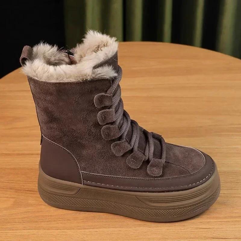 Winter Women Faux Cow Suede Fur Snow Ankle Boots Ladies Chelsea Lady Outdoor High-top Chunky Platform Shoes Plush Short Bootie