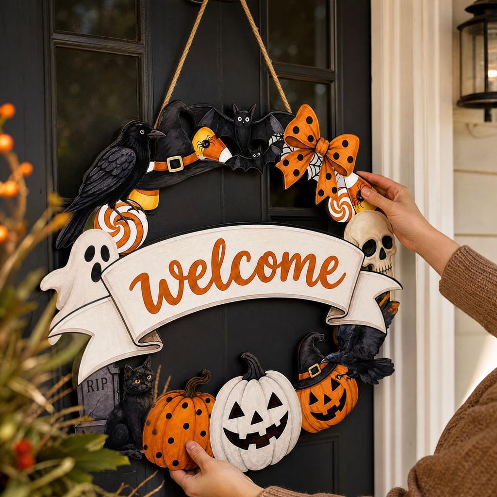 Wooden Halloween Pumpkin Hanging Sign for Yard Porch Party Decoration Fall Door Welcome Decor