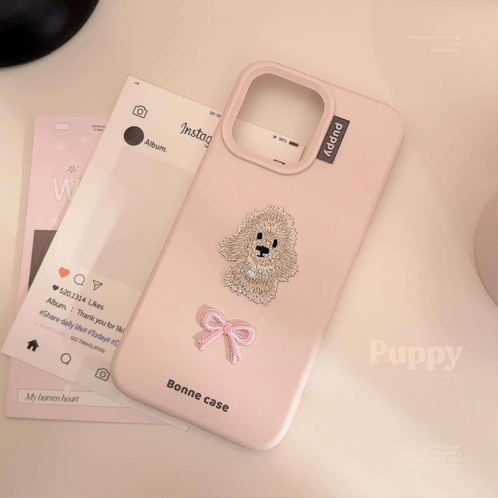 Ins Bow Embroidered Puppy 16 Mobile Phone Case Apple 17 Anti-fall Iphone15pro Max Suitable for 13 Sweet Girls