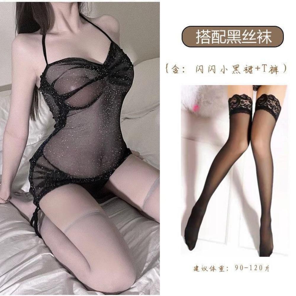 Domila's New Emotional Sexy Perspective Underwear Shiny Nightclub Mesh Model Hip-wrapped Suspender Nightdress Women