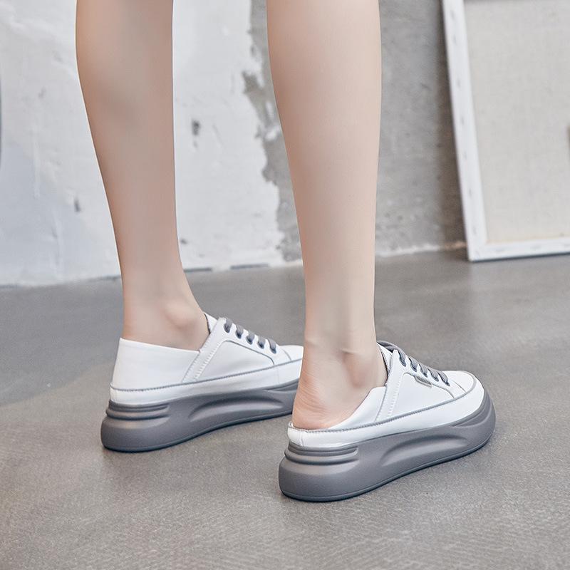 Two wearing little white shoes women's 2025 spring new trendy shoes soft leather lace-up shallow mouth shoes thick sole heightening casual shoes