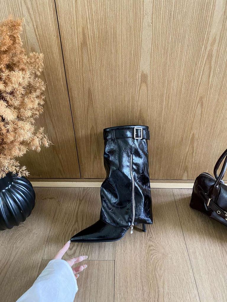 2025 autumn and winter new fashion boots British leather buckle pointed women's boots personalized zipper trouser boots design sense medium boots