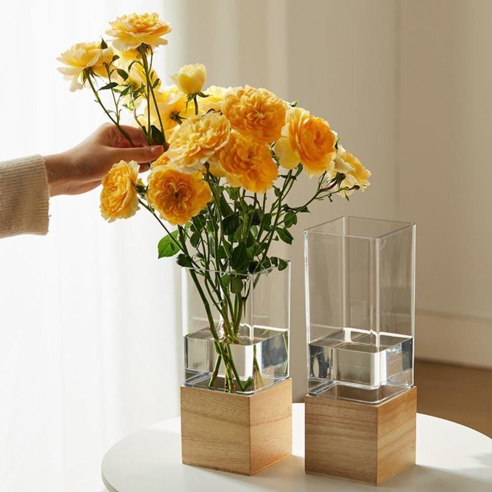 Wooden Base Acrylic Flowers Vase Transparent Light Luxury Vase Simple Hydroponic Vase  Living Room