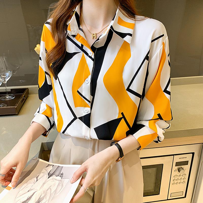 Chemise en mousseline de soie pour femmes, chemisiers droits imprimés géométriques, surdimensionnés, jaune, vert, rouge, pour le bureau, nouvelle collection