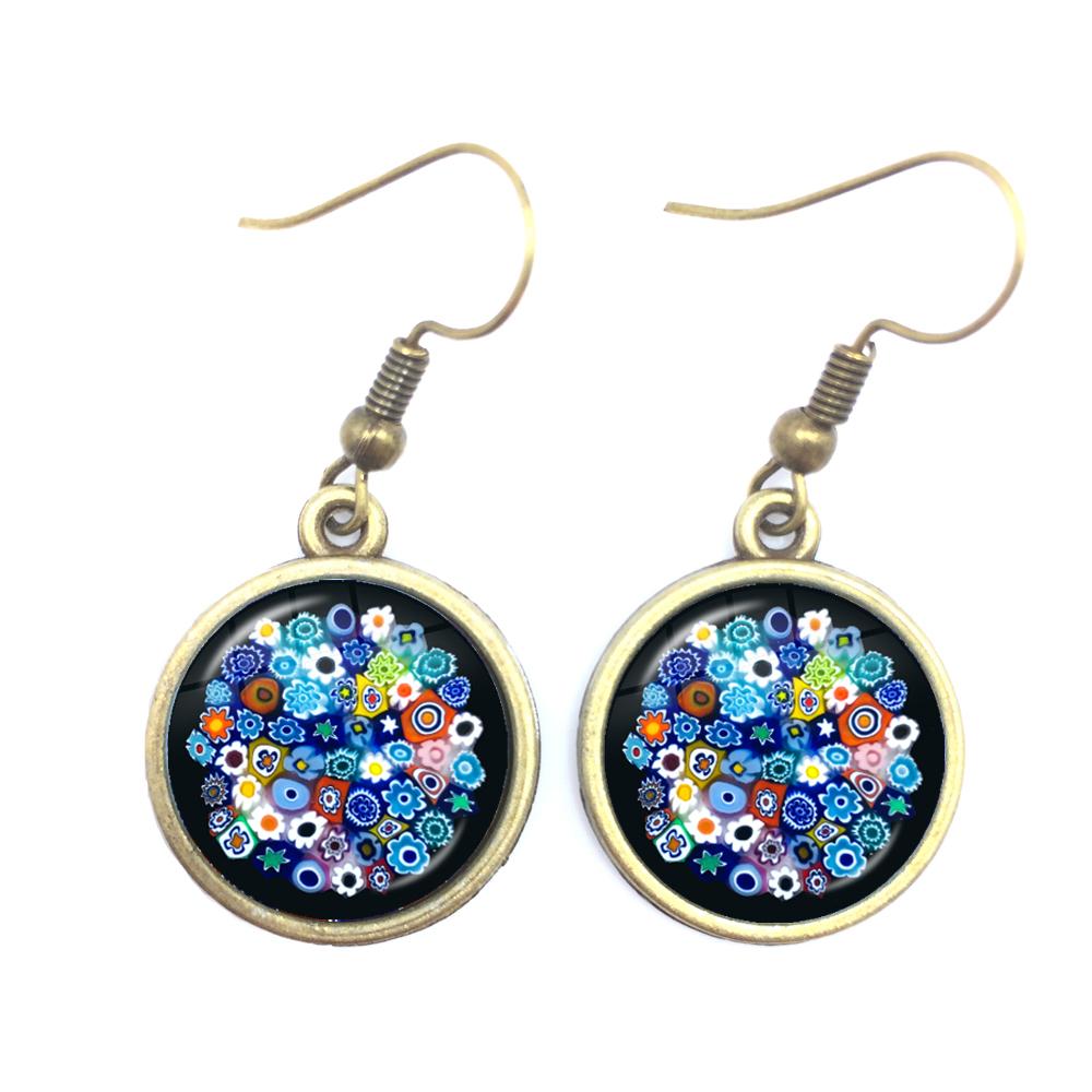 Murano Millefiori Drop Earrings MultiColour Flower 16mm Glass Cabochon Earring Jewelry For Women Girls Gift