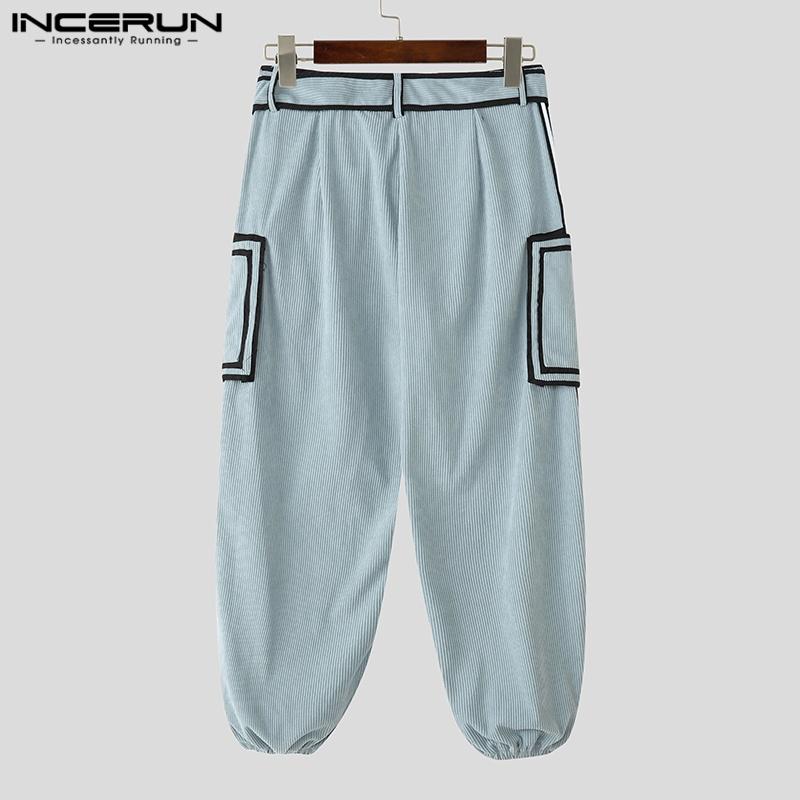 INCERUN Men Autumn Belt Zip-up Waist Stitching Corduroy Harem Pants Trousers